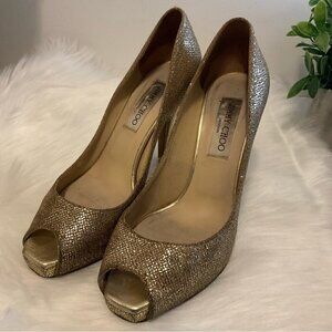 Jimmy Choo Gold Champagne Glitter Peep  toe pumps